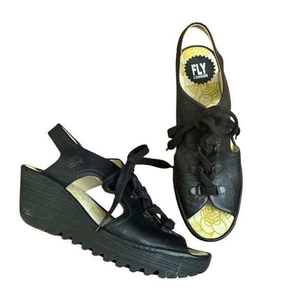 FLY London Yifi Black Leather Lace Up Wedge Sandals Size 40 = US 9 - 9.5 - Picture 1 of 8